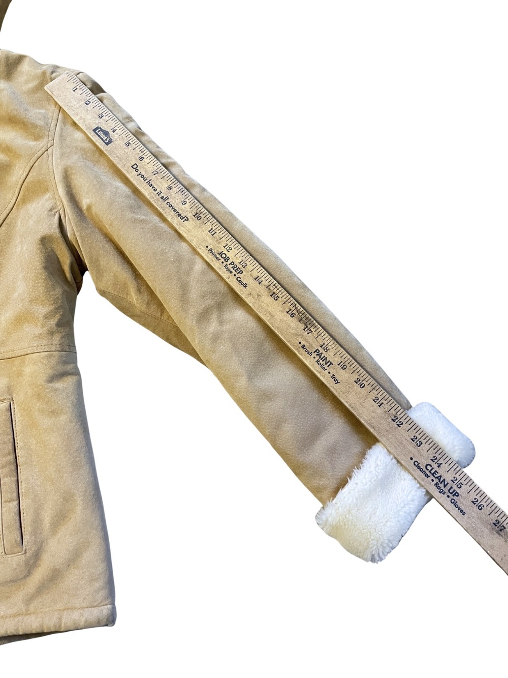 STEPHANIE ANDREWS Women's L Tan Suede Leather Hooded Faux Fur Shearling Jacket - Picture 14 of 15